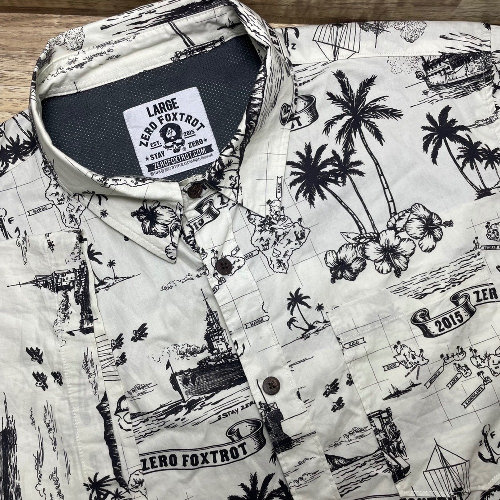 Zero Foxtrot Mens Large Nautical Map Battleship Hawaiian Short Sleeve Shirt